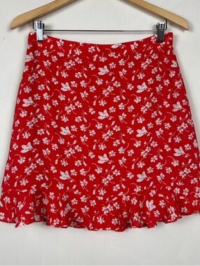 J. Crew Mercantile Red Floral Ruffle Hem Mini Skirt Size 8 Preppy Bohemian